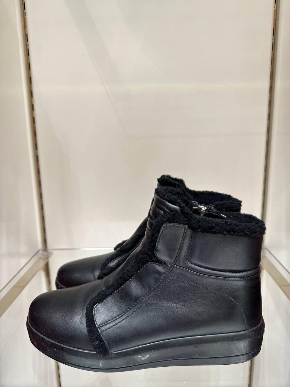 Prada Black Leather Shearling Lined Ankle Boots EU 38